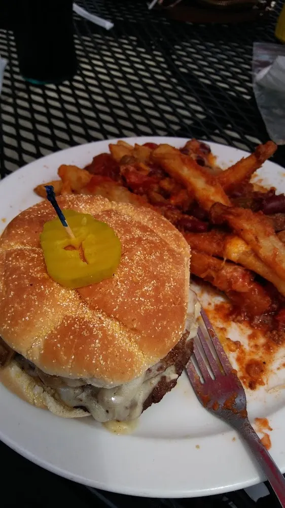 Mushrooms and Swiss Burger with Chilli Cheese Fries